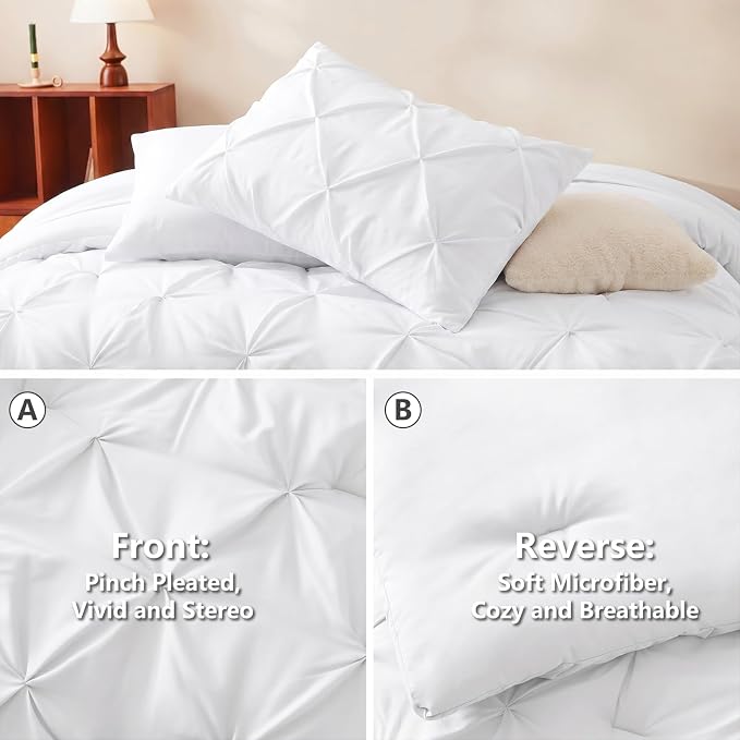 HIMEET Oversized Queen Comforter Set White - 7 Pieces Pintuck Bed in a Bag | OEKO-TEX Certified, 240GSM Down Alternative Comforter, 14" Deep Pocket Fitted Sheet + Flat Sheet + 2 Pillowcases + 2 Shams