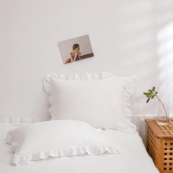 White Pillowcases, King Pillowcases Set of 2, Offwhite Ruffle Pillow Shams, Cute Pillow Covers 2 Pack (King (20''x36''), White)