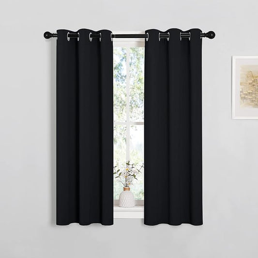 NICETOWN Black Blackout Curtains Drapes for Cafe 29" w x 40" L 2 Panels | Solid Thermal Insulated Grommet Drapery Panels for Shack Kitchen Window Treatments, Noise Reducing Room Darkening Home Decor