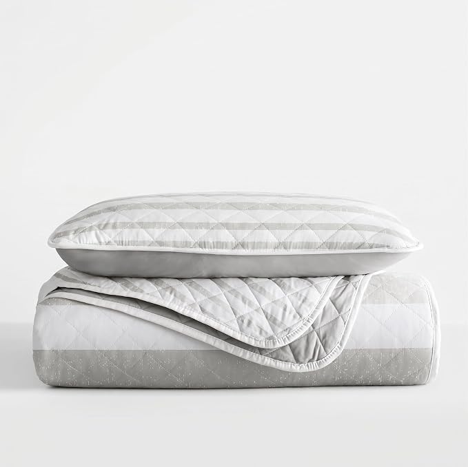 Merit Linens Soft Quilt Coverlet Bedding Set - Pattern/Solid Reversible - Twin/TwinXL Light Gray