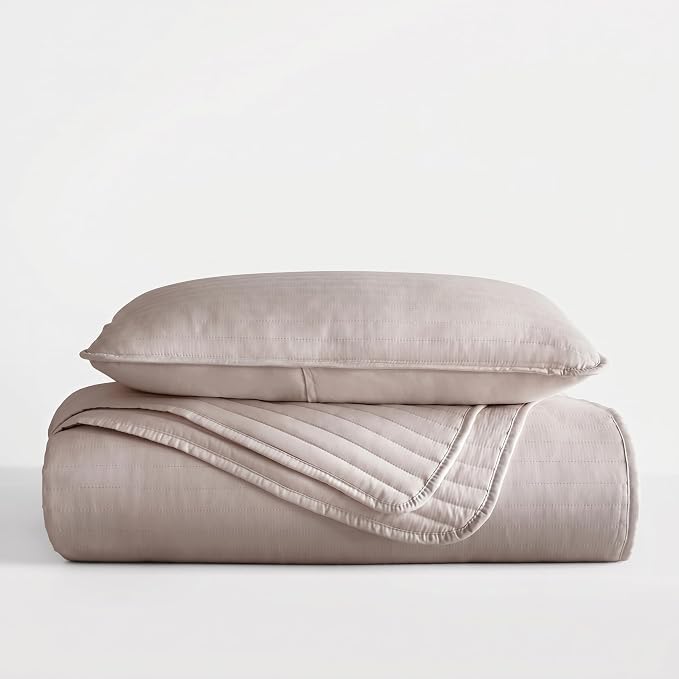 Merit Linens Modern Quilt Coverlet Soft Set in Stripe Stitching - Twin/TwinXL Latte