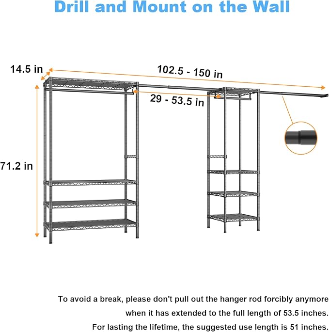 Ulif E11 Heavy-Duty Garment Rack, Metal Clothes Rack, Load 1034lbs, Black | Freestanding Expandable Closet Storage Organizer System with 8 Shelves and 4 Hanger Rods, (73.2-97.6)"W x 14.5"D x 71.2"H