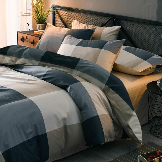 King Comforter Set Modern Style Checkered Pattern Comforter Boho Plaid Comforter Set 1 Geometric Comforter with 2 Pillow Shams Fluffy Bedding Set for All Seasons King Size Comforter Set for Men Women
