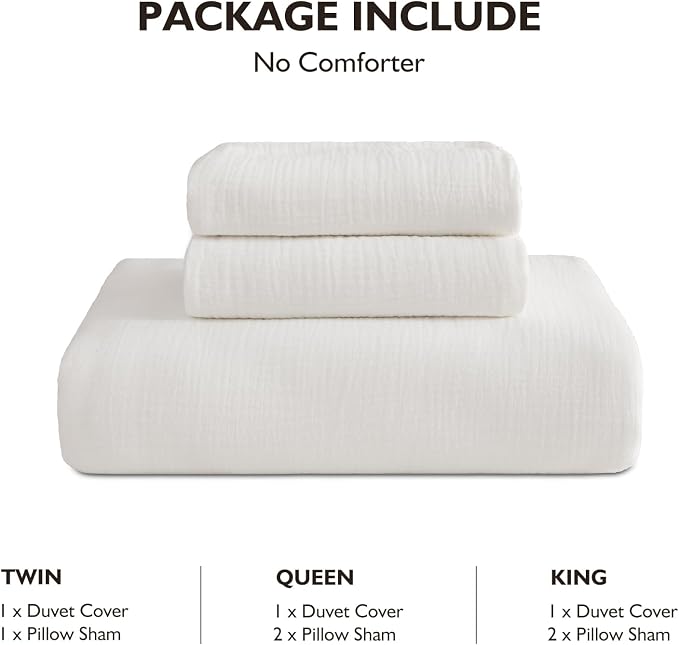 EMME Muslin Cotton Duvet Cover Set Cream White Twin Size Linen Like Soft Breathable Lightweight Summer Comforter Cover Set with Zipper Closure (Cream White, Twin, 68"x90")