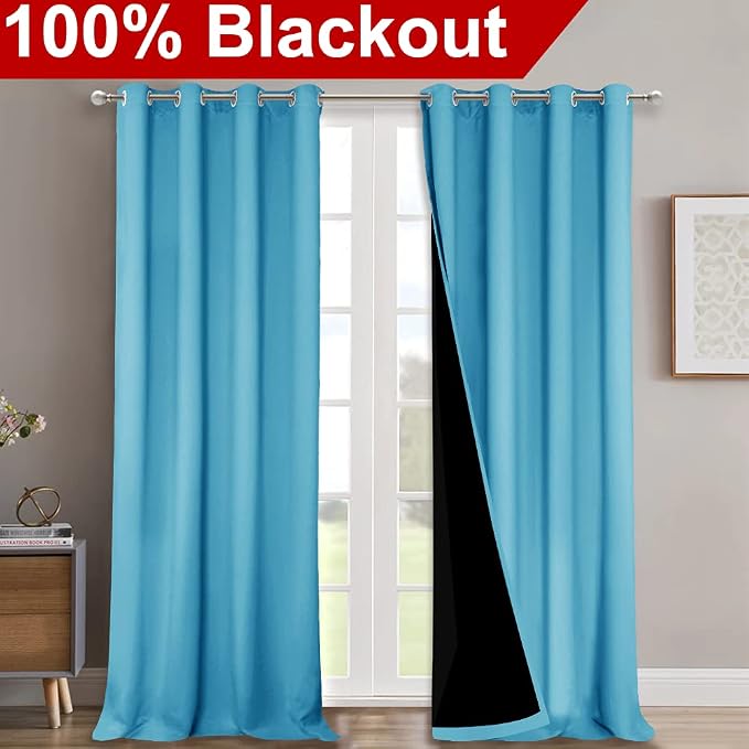 NICETOWN 100% Blackout Blinds, Set of 2, 46" x 96", Teal Blue, Laundry Room Decor Window Treatment Curtains for Large Patio Sliding Door, Thermal Insulated Curtains for Bedroom
