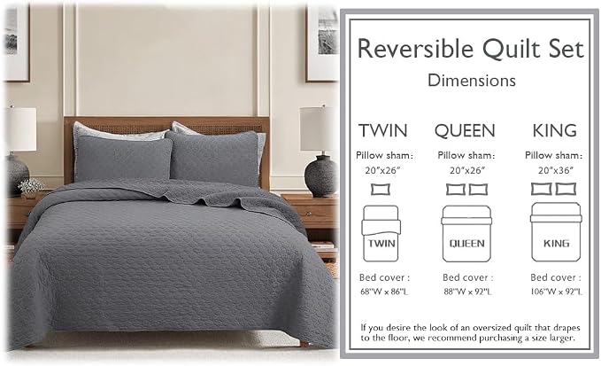 Cozy Line Home Fashions 100% Cotton Quilt Set – 3-Piece Charcoal Gray Solid Classic Modern Quilted Bedspread with Shams, Lightweight All Season Modern Bedding (Honeycomb Gray, Queen)