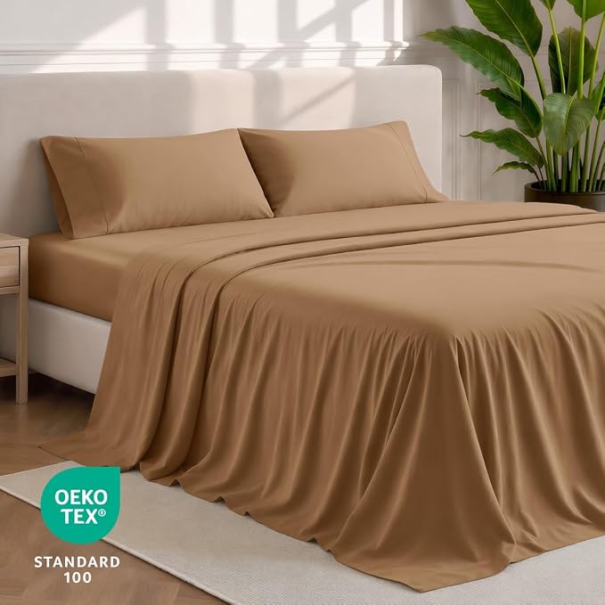 Bare Home Queen Sheet Set - 1800 Ultra-Soft (Queen, Caramel) | Deep Pockets 6 to 15 Inches, Breathable, Hypoallergenic, Hotel Luxury, Easy Fit, Soft, All-Season