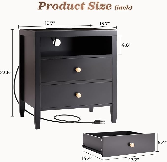 Huuger Nightstand with Charging Station, Black Nightstand with 2 Drawers | Bed Side Table for Bedroom, Bedside Table with Storage, Modern Nightstands, Metal Knobs, Painted Surface