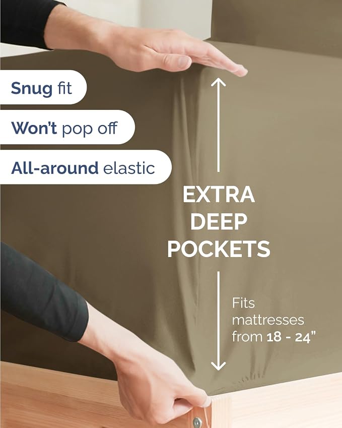 CGK Unlimited Extra Deep Flex Top Split Head King Sheet Set - 6 Piece Breathable and Cooling Sheets - Hotel Luxury Bedding for Women, Men, Kids & Teens - Easy Secure Fit - Extra Deep Pockets - Khaki