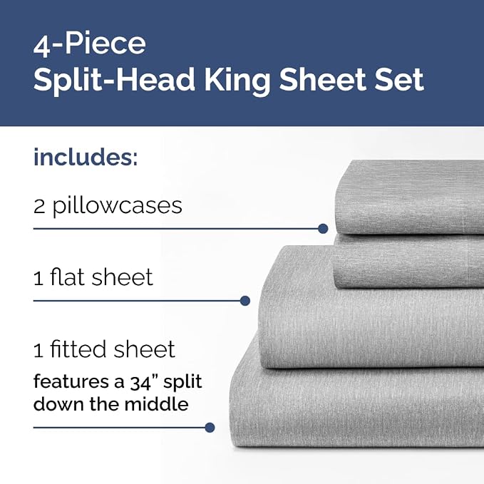 Flex Top Split Head King 4 Piece Sheet Set - Ultra-Soft - Heathered Grey | Cooling Bed Sheets Set, Hotel Luxury Bedding for Women & Men with Deep Pockets, Wrinkle Free & Fade Resistant, Oeko-Tex