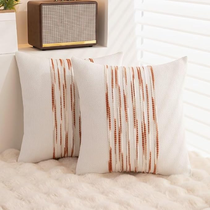 Boho Throw Pillow Covers Decorative Neutral Farmhouse Pillow case | 18x18 Set of 2 Cushion Case Striped Square Pillows Cover Couch Pillow Cases Accent Pillowcase for Sofa Bed,White Wine-red