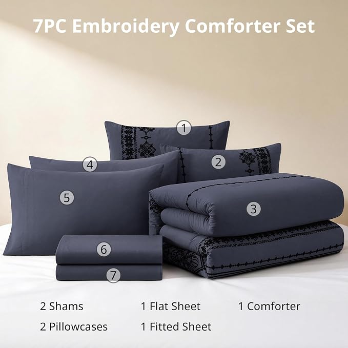 MaiRêve Full Size Comforter Set Embroidery Floral 7 Pieces Bed in a Bag | Crown Blue Boho Farmhouse Bedding Sets with Comforter, Sheets, Pillowcases & Shams