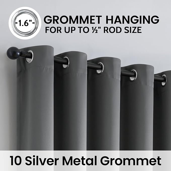 SimpleHome Grey 100% Blackout Curtains Room Darkening Living Room 63 Inch | Curtains for Bedroom,Thermal Insulated Grommet Window Drapes,Curtains for Living Room with Black Back,62 x 63 Inch,2 Panels