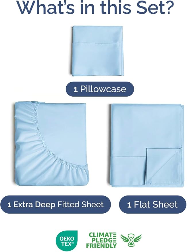 Extra Deep Twin Sheet Set - 3 Piece Breathable Cooling Sheets - Light Blue | Easily Fits 18 to 24 inch Mattress - Ultra Soft, Wrinkle & Fade Free with Extra Deep Pockets - Comfy Hotel Luxury Bedding