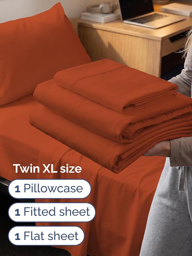 Extra Deep Twin XL Sheet Set - 3 Piece College Dorm Room - Terracotta | Soft, Breathable & Cooling, Easily Fits 18 to 24 inch Mattress, Wrinkle Free & Fade Resistant with Extra Deep Pockets