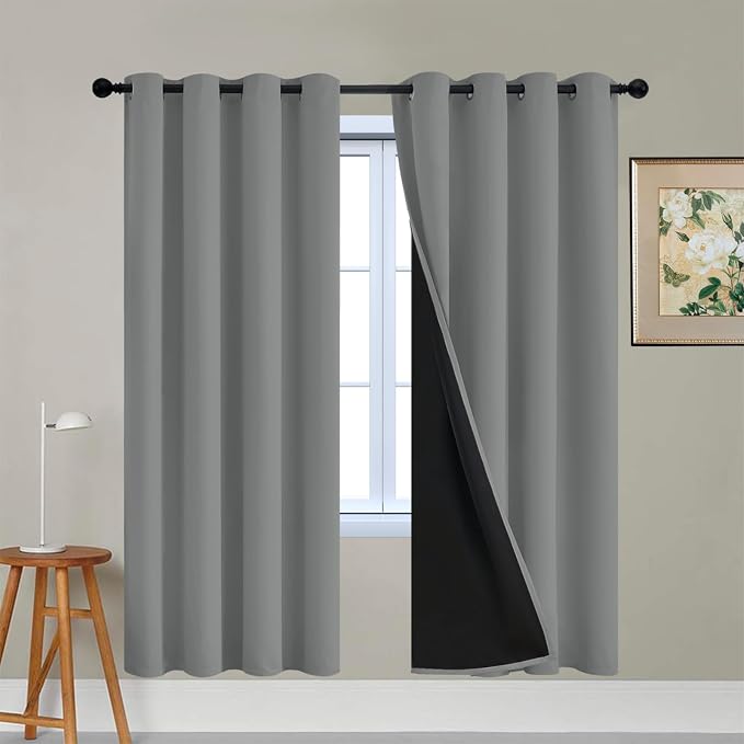 Yakamok Dove Grey 100% Blackout Curtains 72 Inches Long 52" Wide 2 Panel | Blackout Curtain Panels for Bedroom, 2 Thick Layers Grommet Top Thermal Insulated Drapes with Black Liner for Living Room