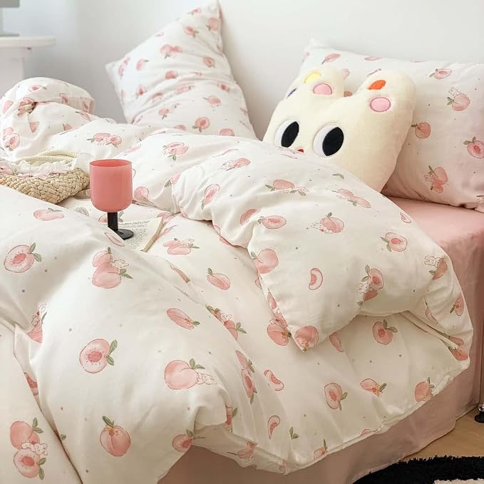 Nayoroom Pink Peach Duvet Cover Queen Size Kawaii Fruit Peaches Rabbit Printed on White Comforter Cover 3Pcs Kids Girls Soft Breathable Microfiber Cute Cartoon Bedding Set with Zipper Closure