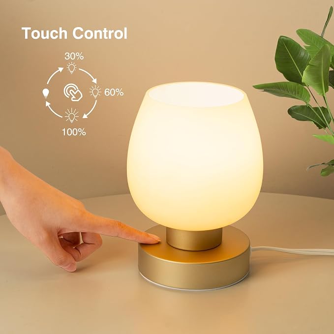 Touch Bedside Table Lamp Set of 2 - Small Modern Table Lamp for Bedroom Living Room Nightstand, 3-Way Dimable Desk lamp with Desert Titanium Color Glass Lamp Shade, 2700K LED Bulb, Simple Design