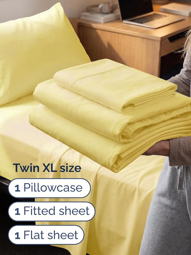 Extra Deep Twin XL Sheet Set - 3 Piece College Dorm Room - Yellow | Soft, Breathable & Cooling, Easily Fits 18 to 24 inch Mattress, Wrinkle Free & Fade Resistant with Extra Deep Pockets