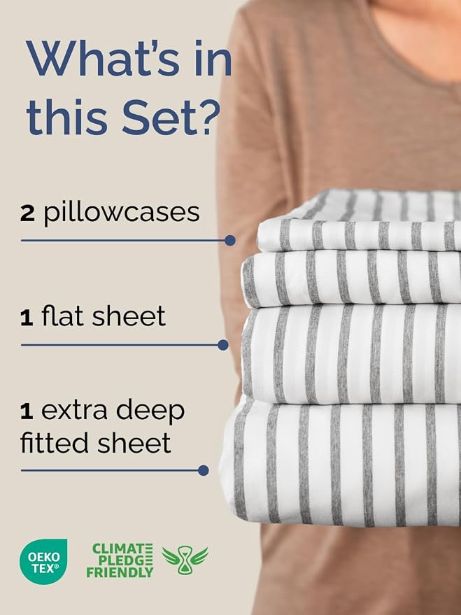 Extra Deep Queen Sheet Set - 4 Piece Breathable & Cooling - Grey Stripes | Easily Fits 18 to 24 inch Mattress - Ultra Soft, Wrinkle & Fade Free with Extra Deep Pockets - Comfy Hotel Luxury Bedding