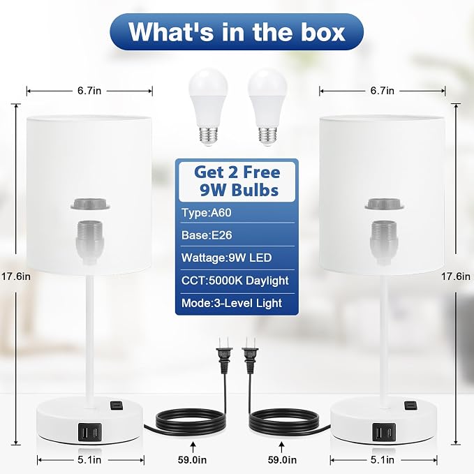 17.6" White Touch Lamps for Bedroom Set of 2 - Dimmable, USB C+A, AC Outlet | Large 17.6" Tall Lamp, 3-Way Dimming, 5000K Daylight Bulbs, White Lampshade White Base, for Living Room, Boys, Men, Girls