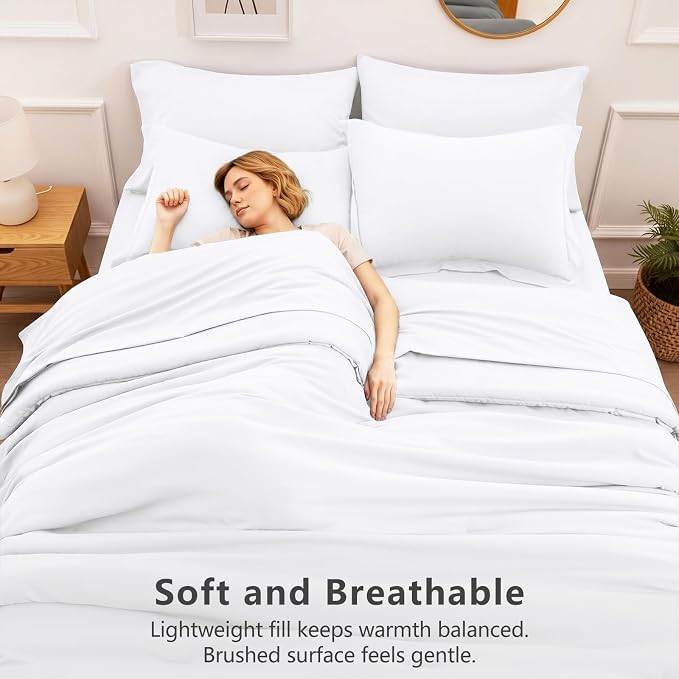 HIMEET Queen Comforter Set, 7-Piece Point-Quilted Bed in a Bag White | OEKO-TEX Certified, Lightweight 240 GSM Comforter, Flat Sheet, 14-Inch Deep-Pocket Fitted Sheet, Pillowcases & Shams