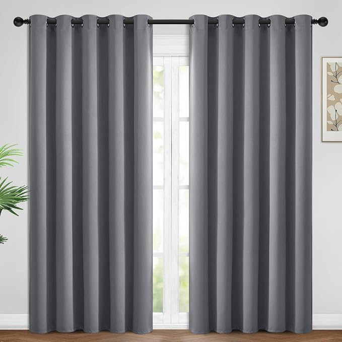 Yakamok Grey Room Darkening Curtains 62x84 inch Gray Grommet-Living Room | 2 panels,blackout window treatment,thermal insulated,light blocking drapes,privacy protection,bedroom study dining room