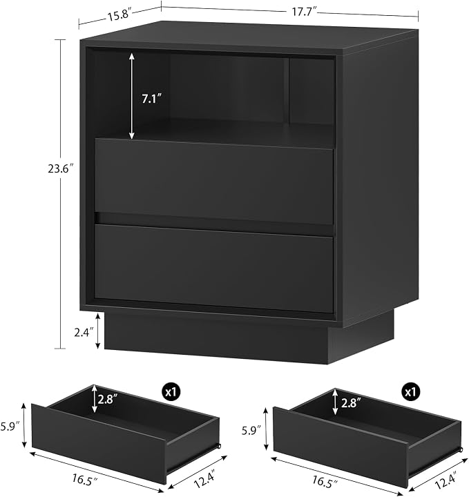 TEENFON Nightstands Set of 2, Night Stand with 2 Drawers and Open Shelf, Nightstand Side Table with Cut-Out Handle, Bedside End Table for Bedroom, Black, 17.7″ L × 15.7″ W × 23.6″ H