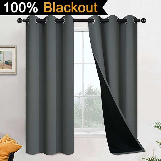 Yakamok 63 Inch Length 100% Blackout Curtains for Bedroom, 2 Thick Layers Thermal Insulated Grommet Total Blackout Drapes with Black Liner for Living Room (42Wx63L,Dark Grey, 2 Panels) | Blackout Curtain Panels for Bedroom, 2 Thick Layers Grommet Top T...
