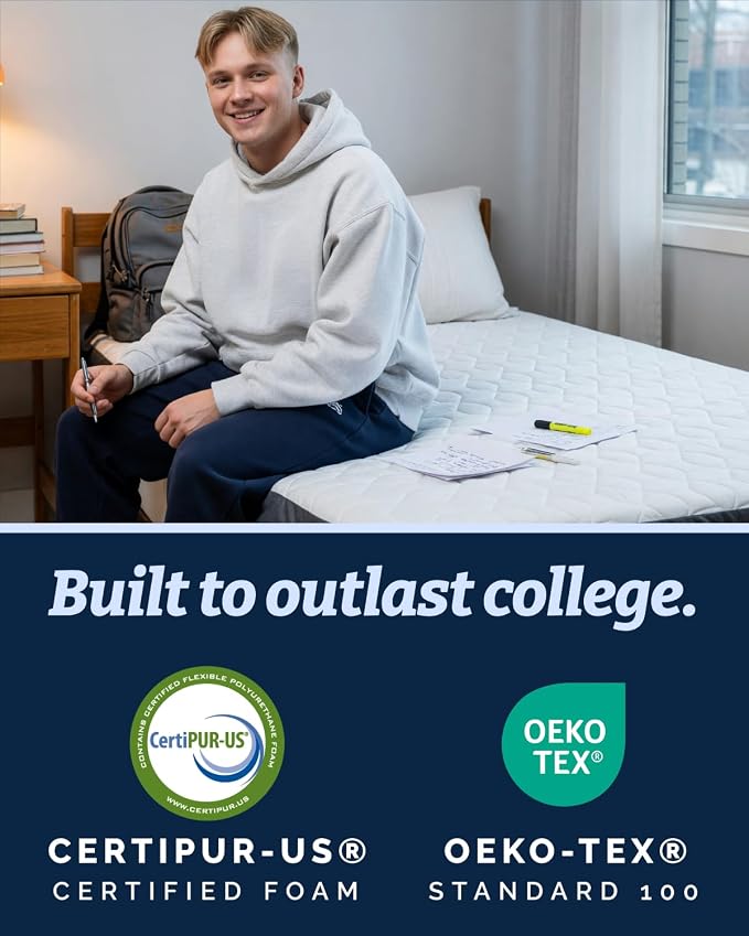 Memory Foam Mattress Topper & Cooling Cover - Dorm Room Essentials - 3 Inch | Plush, Thick & Comfy, Pain & Pressure Relief, Twin XL Size Mattress Pad w/ Straps & Removable Washable Cover, Oeko-Tex