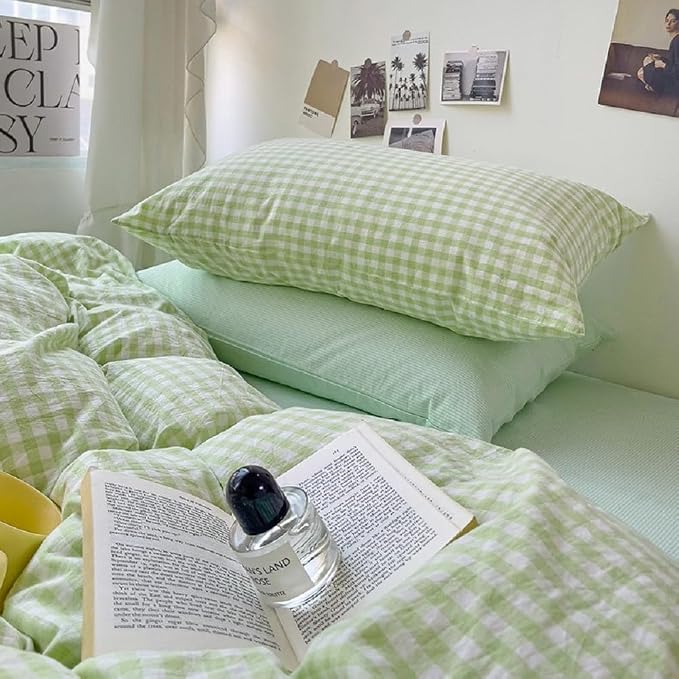 LifeTB Green Gingham Comforter Set Full Modern Style Green Grid Bed Comforter 3 Pieces Vintage Plaid Checkered Comforter with 2 Pillowcases Breathable Farmhouse Gingham Bedding Comforter Set
