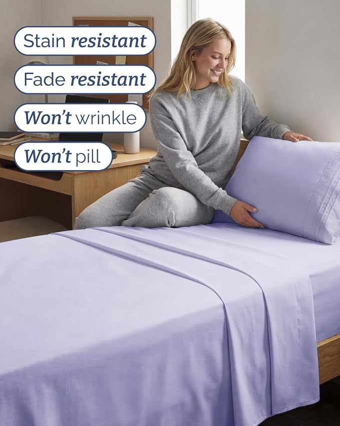 Twin XL 4 Piece Sheet Set - College Dorm Room Essentials - Lavender | Ultra Soft Dorm Bedding Set, 8" to 16" Inch Deep Pockets, 1 Flat & 1 Fitted Sheet & 2 Pillowcases, Wrinkle & Fade Free