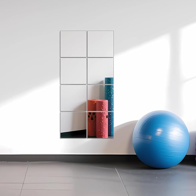Full Length Mirror Tiles, 10" x 10" x 8PCS Frameless Wall Mounted Mirror | Square Large Wall Mirror Tiles for Home Gym, Bedroom, Door, Bathroom, Frameless Mirror Sets