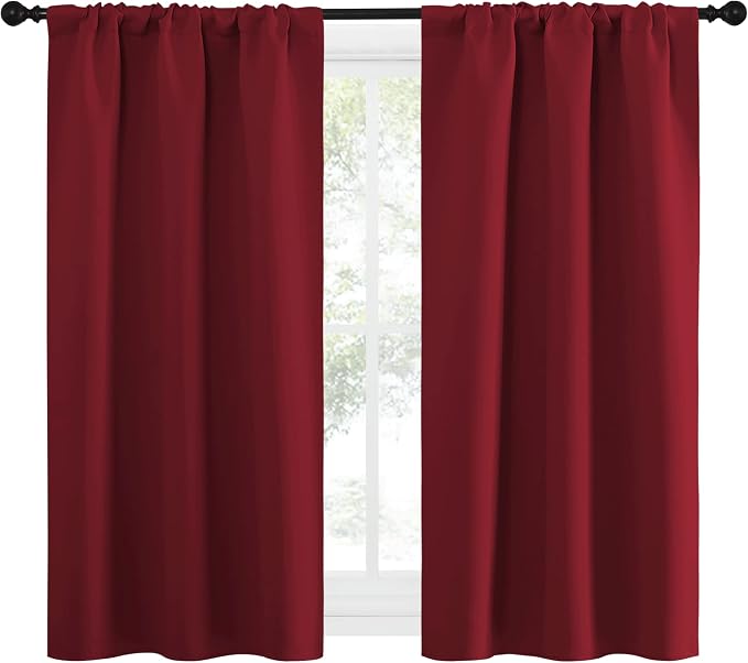 NICETOWN Christmas Burgundy Red Curtains Blackout Drape Panels - Lights Block Out Window Treatment Short Curtain Sets for Loft and Basement Decoration (Set of 2, 34 by 54-Inch)