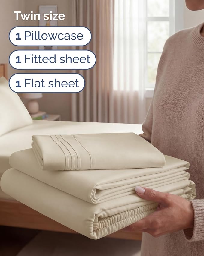 Twin Size 3 Piece Sheet Set - Comfy Breathable & Cooling Sheets - Wheat | Hotel Luxury Bed Sheets for Women & Men, Deep Pockets, Easy-Fit, Extra Soft and Wrinkle Free Sheets, Oeko-Tex Bed Sheet Set