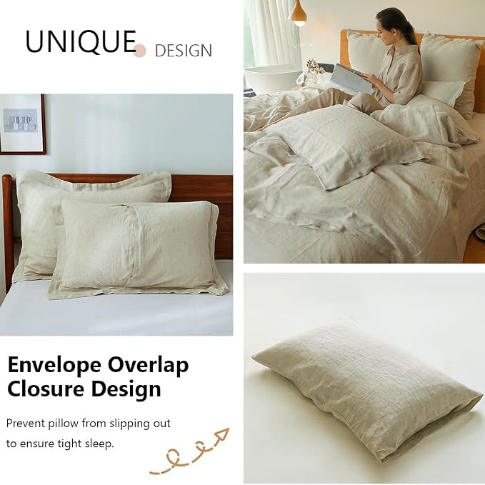 Simple&Opulence 100% Washed Linen Duvet Cover Set 5pcs(1 Duvet Cover& 2 Shams& 2 Pillowcases) Basic Style Natural French Flax Soft Breathable Farmhouse Bedding (Queen, Linen)