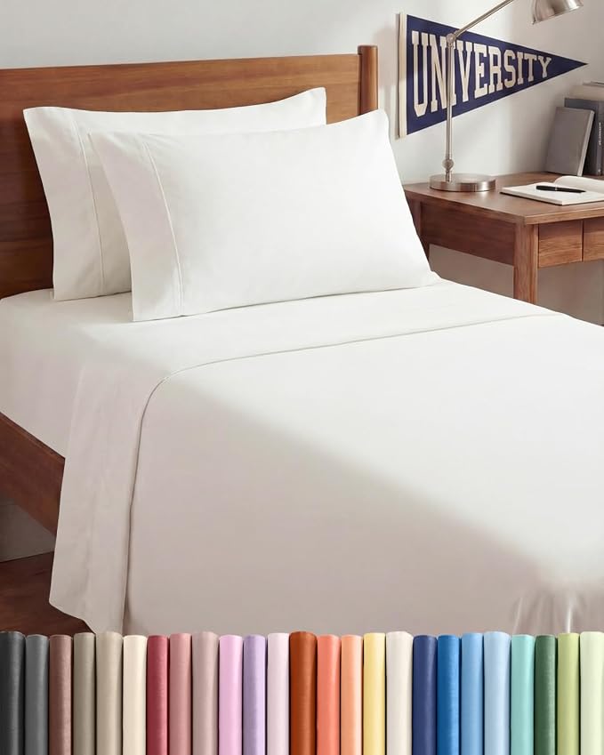 Twin XL 4 Piece Sheet Set - College Dorm Room Essentials - Antique White | Ultra Soft Dorm Bedding Set, 8" to 16" Inch Deep Pockets, 1 Flat & 1 Fitted Sheet & 2 Pillowcases, Wrinkle & Fade Free