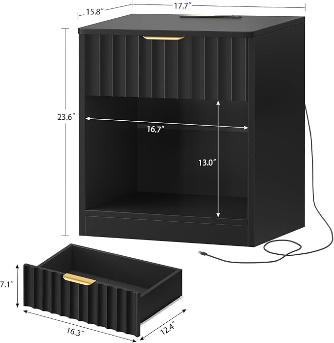 Fluted Nightstands Set of 2, Night Stand with Charging Station and LED Light, Nightstand with Storage Drawer and Open Shelf, Bedside Table for Small Space, Bedroom, Black