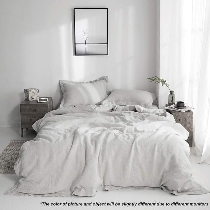 Simple&Opulence 100% Linen Duvet Cover Set with Embroidery Border Washed - 2 Pieces (1 Duvet Cover & 1 Pillow Sham) with Button Closure Soft Breathable Farmhouse - Light Grey, Twin Size