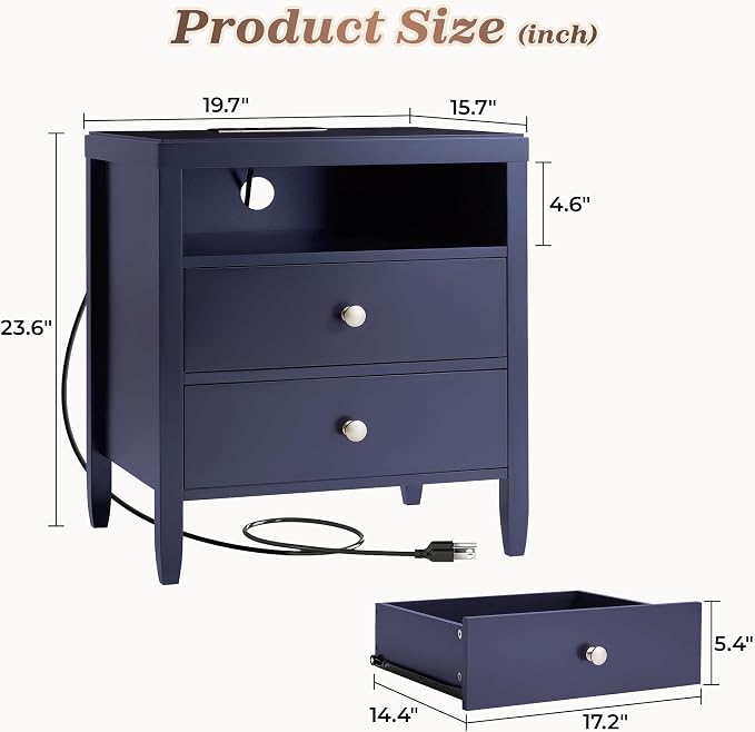 Huuger Blue Nightstand Set of 2, Night Stand with Charger Station | Bedside Table with 2 Drawers, Bed Side Tables for Bedroom, Modern Nightstands, Metal Knobs, Painted Surface