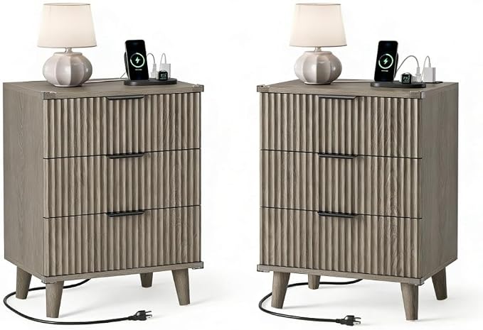 Wood Nightstands Set of 2 w/Charging Station, 3 Drawers Fluted Dresser | Dark Grey, Large Drawers, Metal Silent Rails, FSC Wooden, Sturdy Legs, Modern Fluted Panel, Living Room, Bedside Table