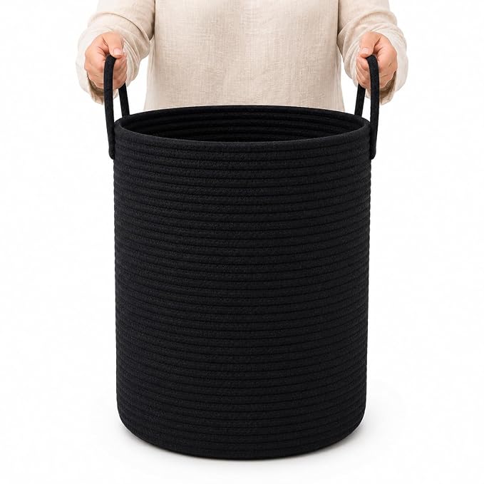 OrganiHaus Tall Cotton Rope Laundry Basket & Hamper, Blanket Storage 52L | Full Black - Tall Cotton Rope Hamper, 52L