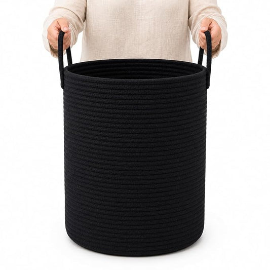 OrganiHaus Tall Cotton Rope Laundry Basket & Hamper, Blanket Storage 52L | Full Black - Tall Cotton Rope Hamper, 52L