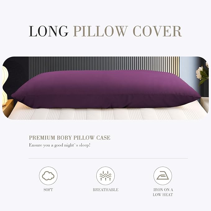 WishSmile Body Cooling Pillowcase Long Pillow Case Breathable Cool Silky Soft Rayon Derived from Bamboo Fabric, Hair and Skin Friendly, Dark Purple, 1 Pack, 20x54IN