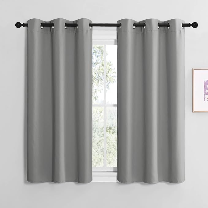 NICETOWN Thermal Insulated Grommet Blackout Curtains, Kids Window Drape Panel for Nursery, Privacy Short Curtains (Silver Grey, 2 Panels, W42 x L50 -Inch)