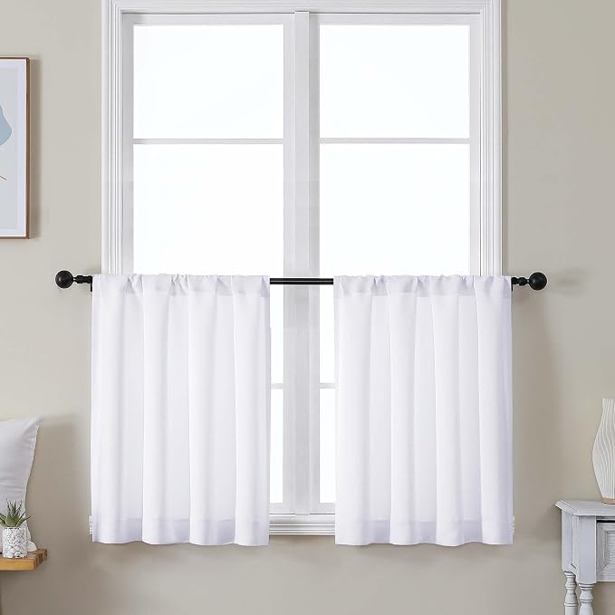 Simplebrand Ava Pure White Curtains 24 Inches Long 2 Panels, Light Filtering Half Window Rod Pocket Privacy Short Curtains, Thermal Insulated Curtain Tiers for Kitchen Bathroom Shades, W30 x L24 Inch