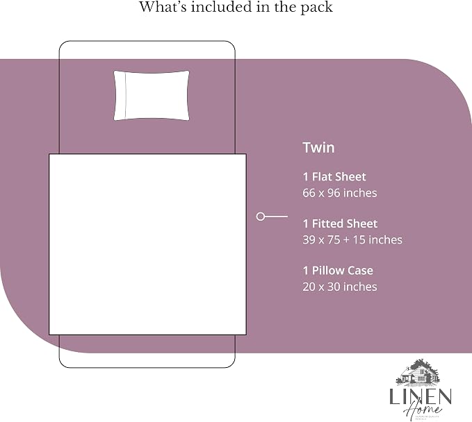 Linen Home 100% Cotton Percale Sheets Twin Size, Damson Berry, Deep Pocket, 3 Pieces Set - 1 Flat, 1 Deep Pocket Fitted Sheet and 1 Pillowcase, Crisp Cool and Strong Bed Linen
