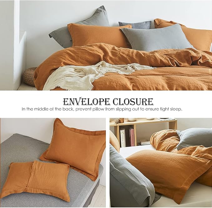 Simple&Opulence 100% Linen Duvet Cover Set 3pcs Basic Style Natural French Washed Flax Solid Color Soft Breathable Farmhouse Bedding with Button Closure - Rust, Queen