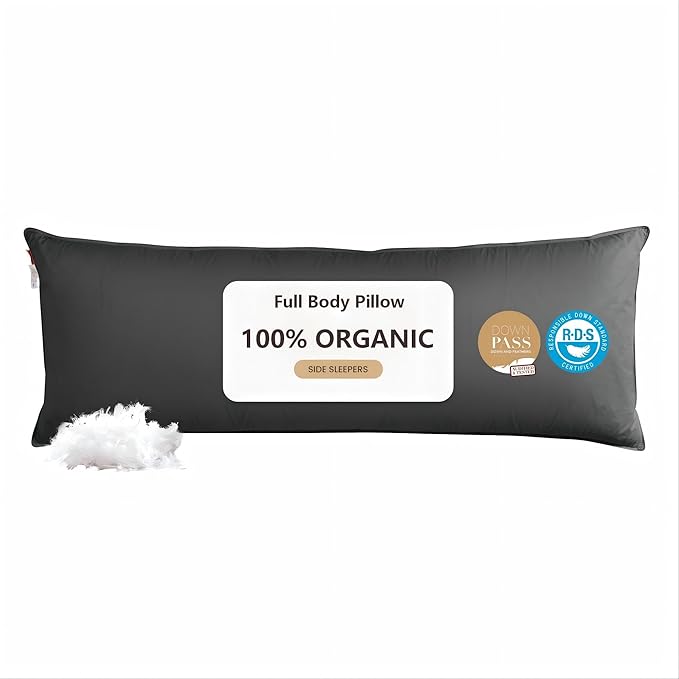 Goose Down Body Pillows for Adults, Large Body Pillow for Side Sleeper, Hugging Feather Body Pillow Insert, Cooling Full Length Long Pillow for Bed with 100% Organic Cotton Shell, (Black 20"x54")
