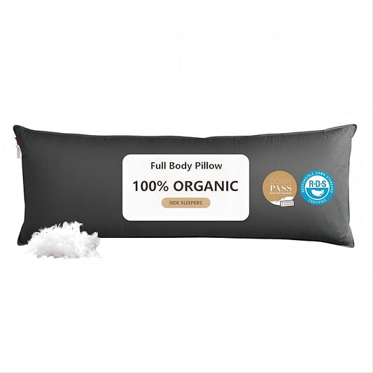 Goose Down Body Pillows for Adults, Large Body Pillow for Side Sleeper, Hugging Feather Body Pillow Insert, Cooling Full Length Long Pillow for Bed with 100% Organic Cotton Shell, (Black 20"x54")